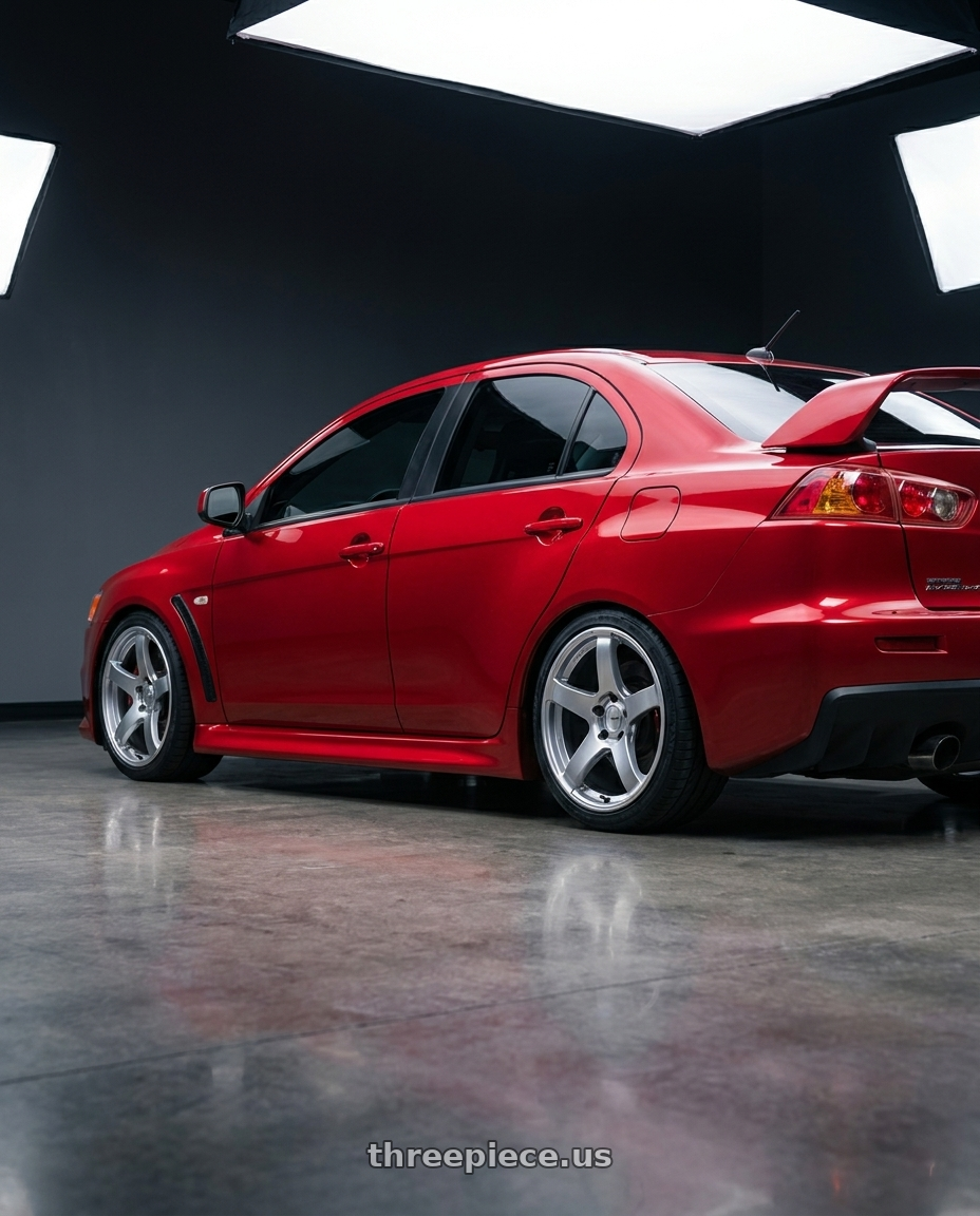 2012 Mitsubishi Lancer Evo X with Ssr Gtv01 5x114.3 18x8.5+40  GLARE SILVER wheels rear three quarter view square tires