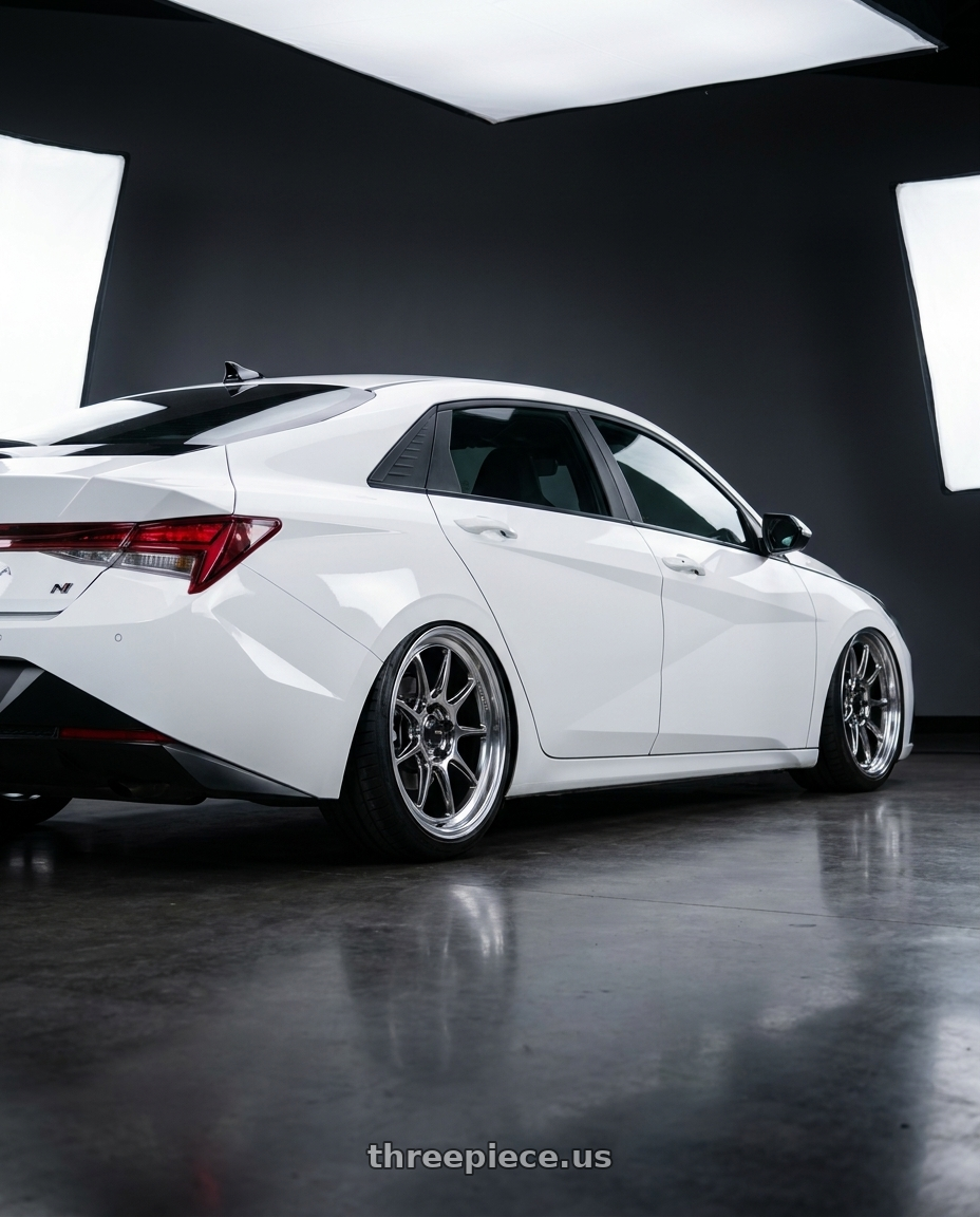 2024 Hyundai Elantra N with Konig Countergram 5x114.3 19x9.5+25 Hyper Chrome / Machined Lip wheels rear three quarter view slight stretch tires
