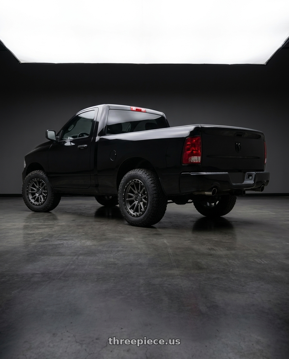 2013 Ram 1500 single cab black express with Fuel 1PC D680 REBEL 5X139.7 20X9 +1 MATTE GUN METAL BLACK BEAD RING wheels rear three quarter view square tires