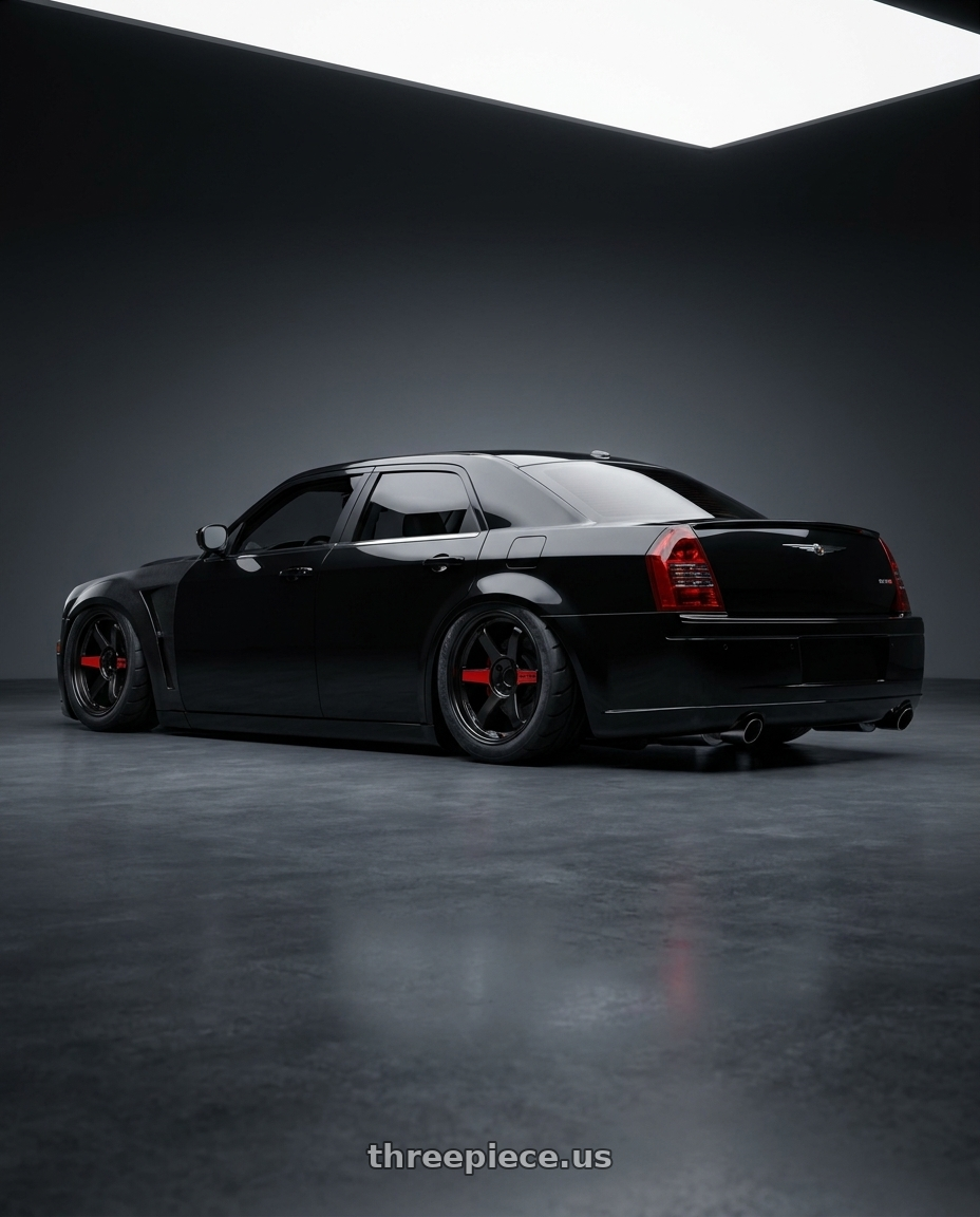 2007 Chrysler 300 srt8 blacked out hellcat hood with Volk Racing TE37SL BK-III 5x120 19x10.5 +34 PRESSED BLACK / REDOT wheels rear three quarter view meaty tires