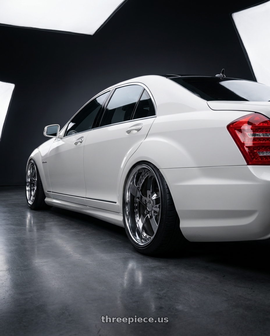 2011 Mercedes S63 AMG with Work Equip E05 5x108 19x10.5+-42 o disk 3d Chrome wheels rear three quarter view extreme stretch tires
