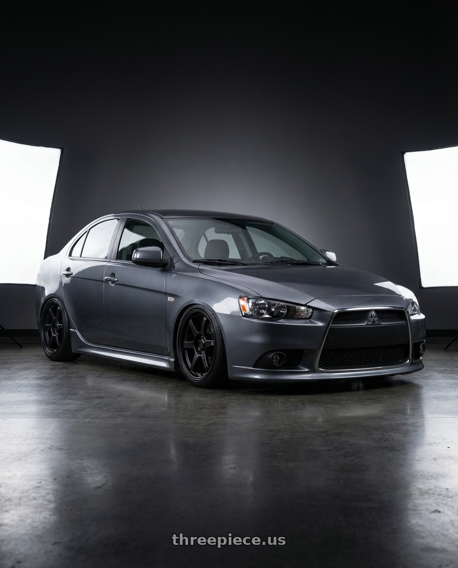 2014 Mitsubishi Lancer Ralliart with Konig Backbone 5x114.3 18x8+35 Matte Black Milling Logo on Spoke wheels