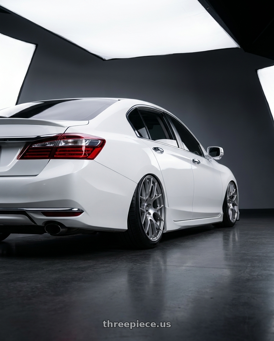 2016 Honda accord with Enkei Raijin 5x112 18x8+45 Hyper Silver wheels rear three quarter view square tires