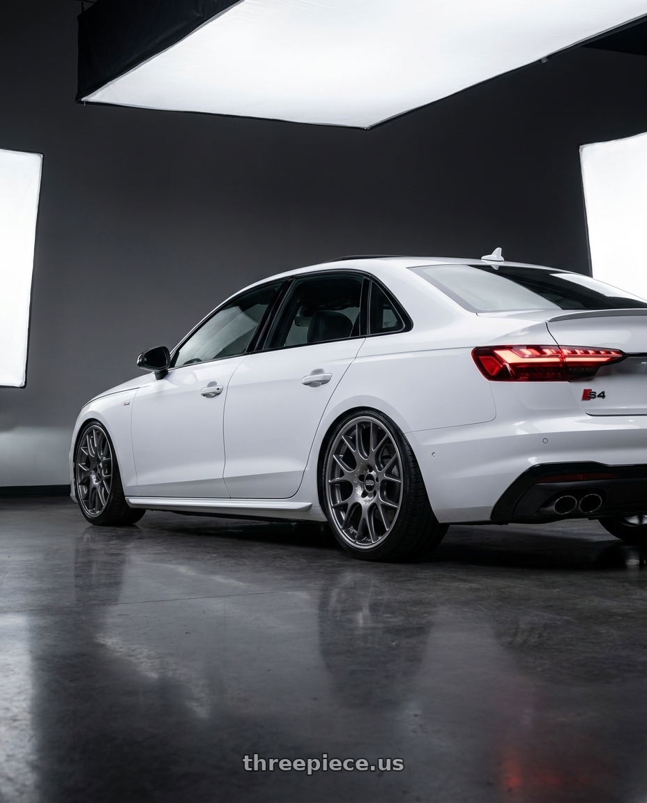 2020 Audi S4 with BBS CH-R 5x120 19x9.5 +35 Satin Titanium Polished Rim Protector wheels rear three quarter view slight stretch tires