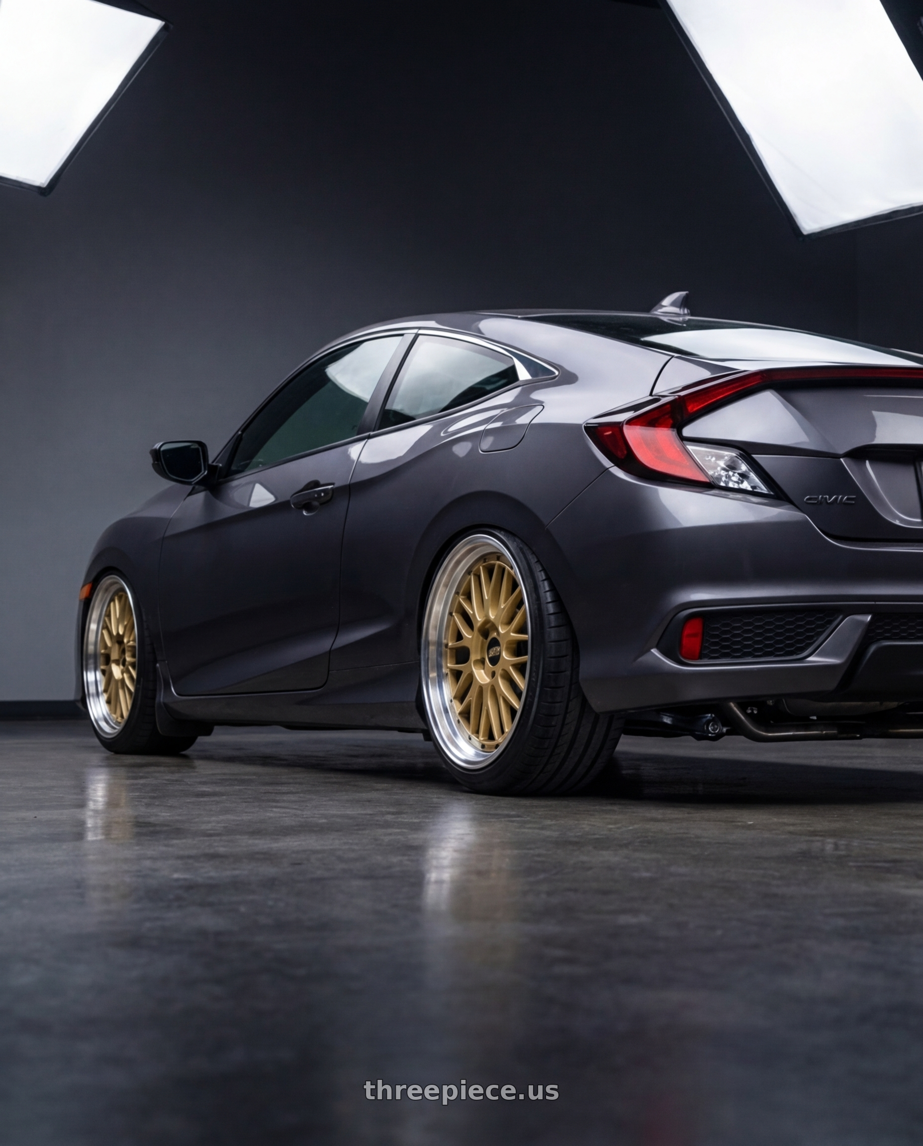 2019 honda civic coupe with BBS LM 5x130 19x11 +63 Gold Center Diamond Cut Lip wheels rear three quarter view square tires