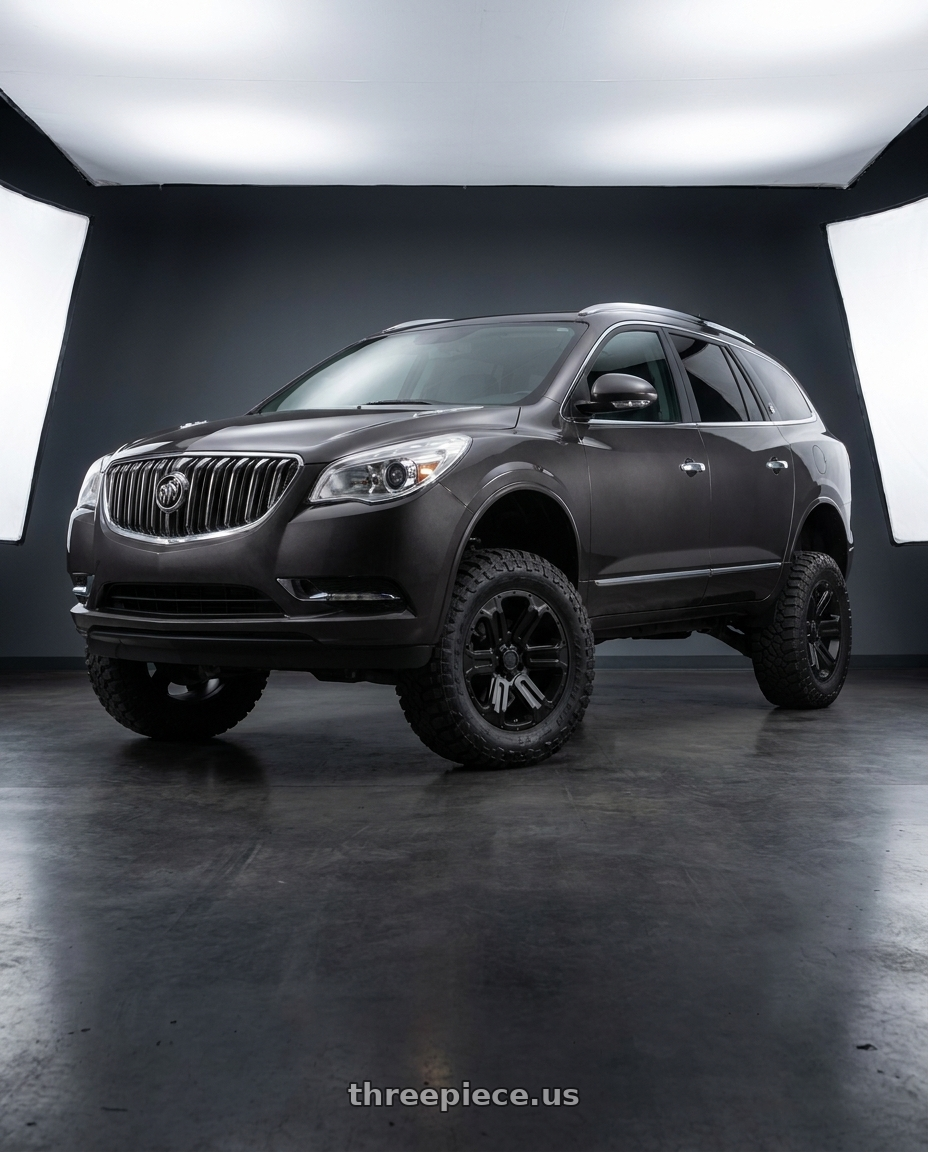 2014 Buick Enclave with Black Rhino WANAKA 6X132 18X9 +35 MATTE BLACK wheels front three quarter view lifted stance