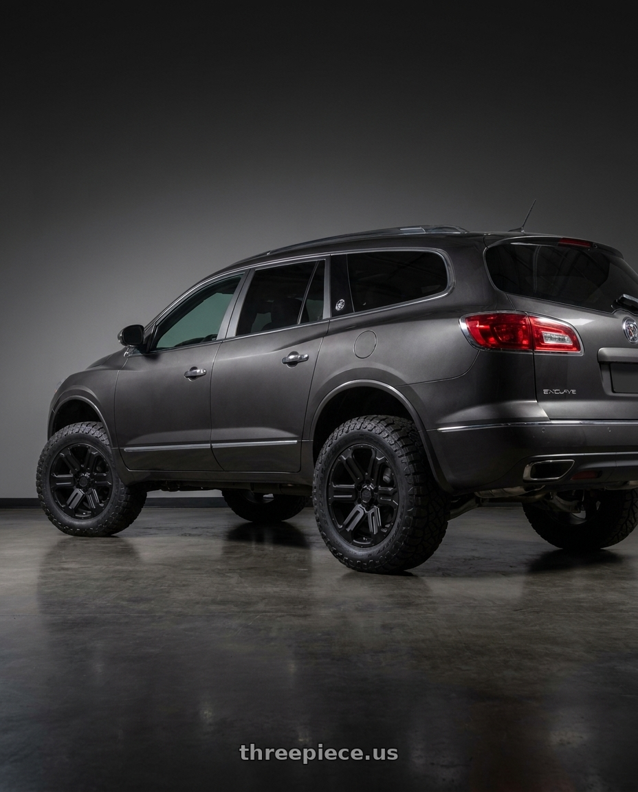 2014 Buick Enclave with Black Rhino WANAKA 6X132 18X9 +35 MATTE BLACK wheels rear three quarter view meaty tires