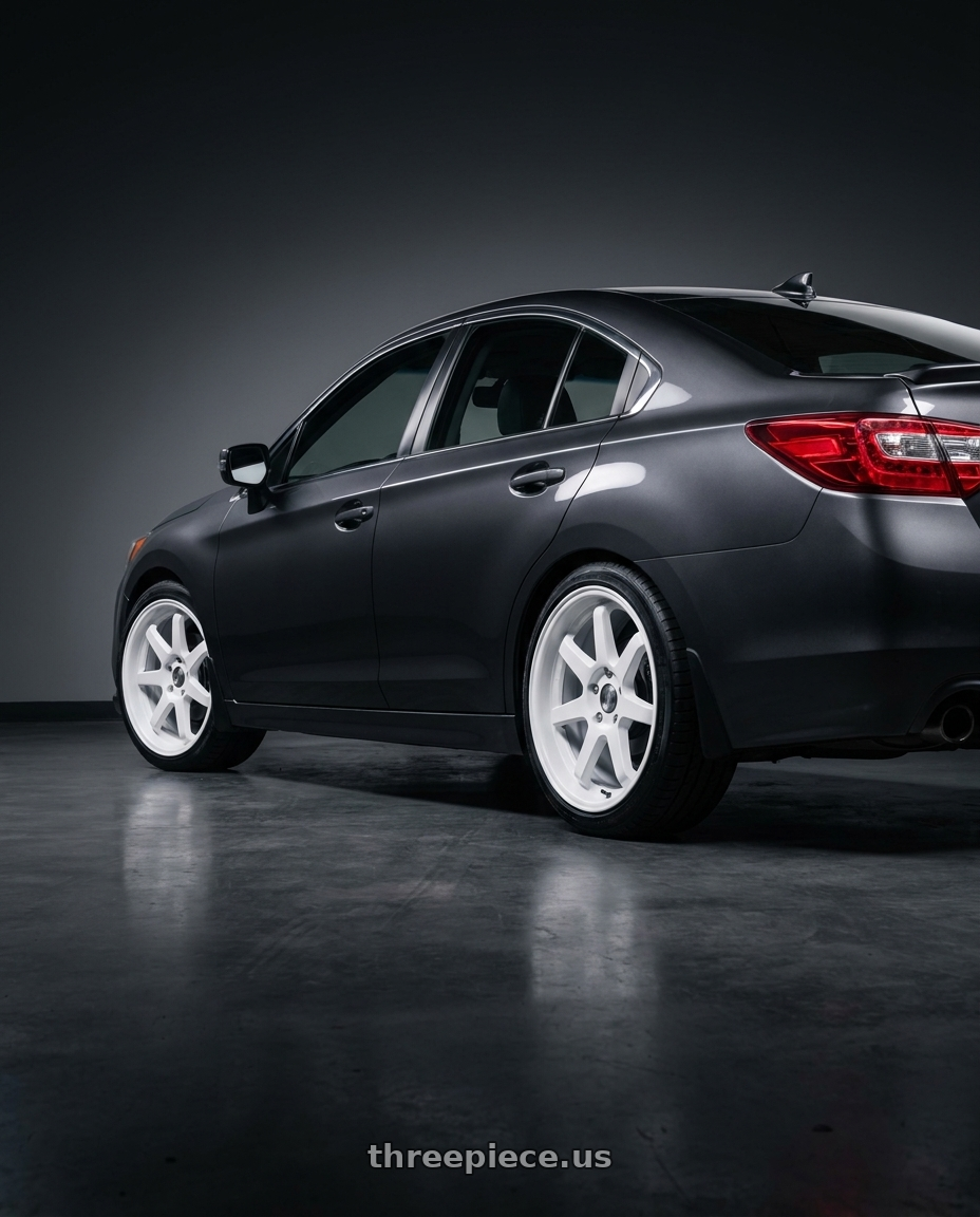 2015 subaru legacy grey with Axe ZX6  5x114 18X8.5+40 WHITE wheels rear three quarter view square tires