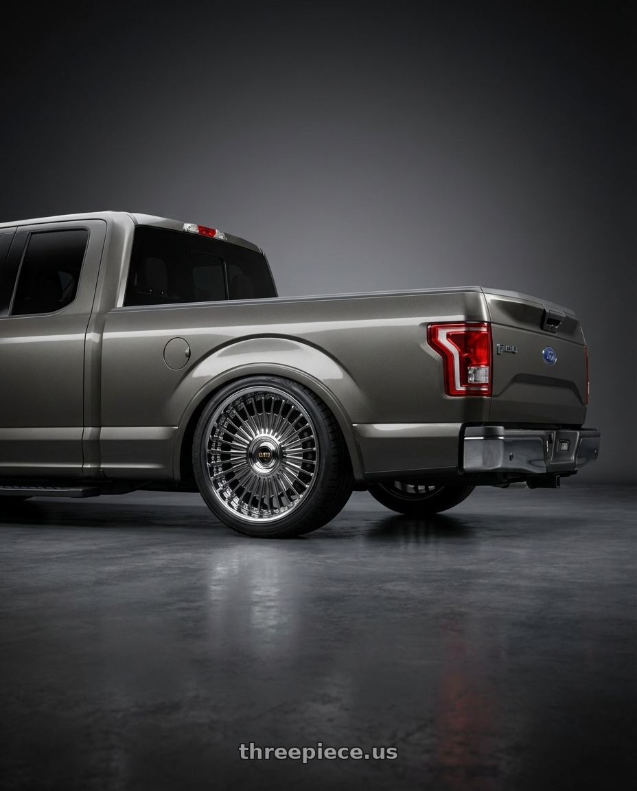 2015 Ford F150 XLT Magnetic with Work Emitz Black Polish 5x100 19x10.0 +45 wheels rear three quarter view slight stretch tires