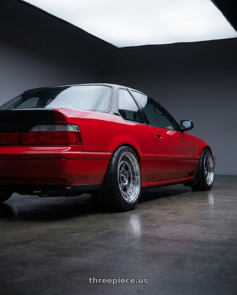 1991 Honda prelude with FORMULA AERO SPOKE 4x100 16X7+26 NR Disk Titan Silver wheels rear three quarter view meaty tires