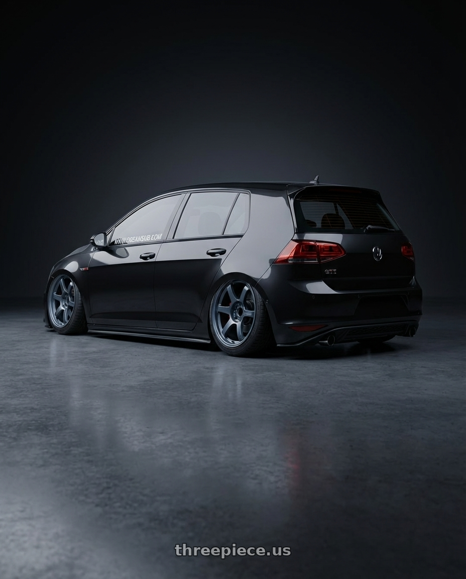 2016 vw gti with Gram Lights 57DR 5x112 19x10.5+22 Gunblue II wheels rear three quarter view slight stretch tires