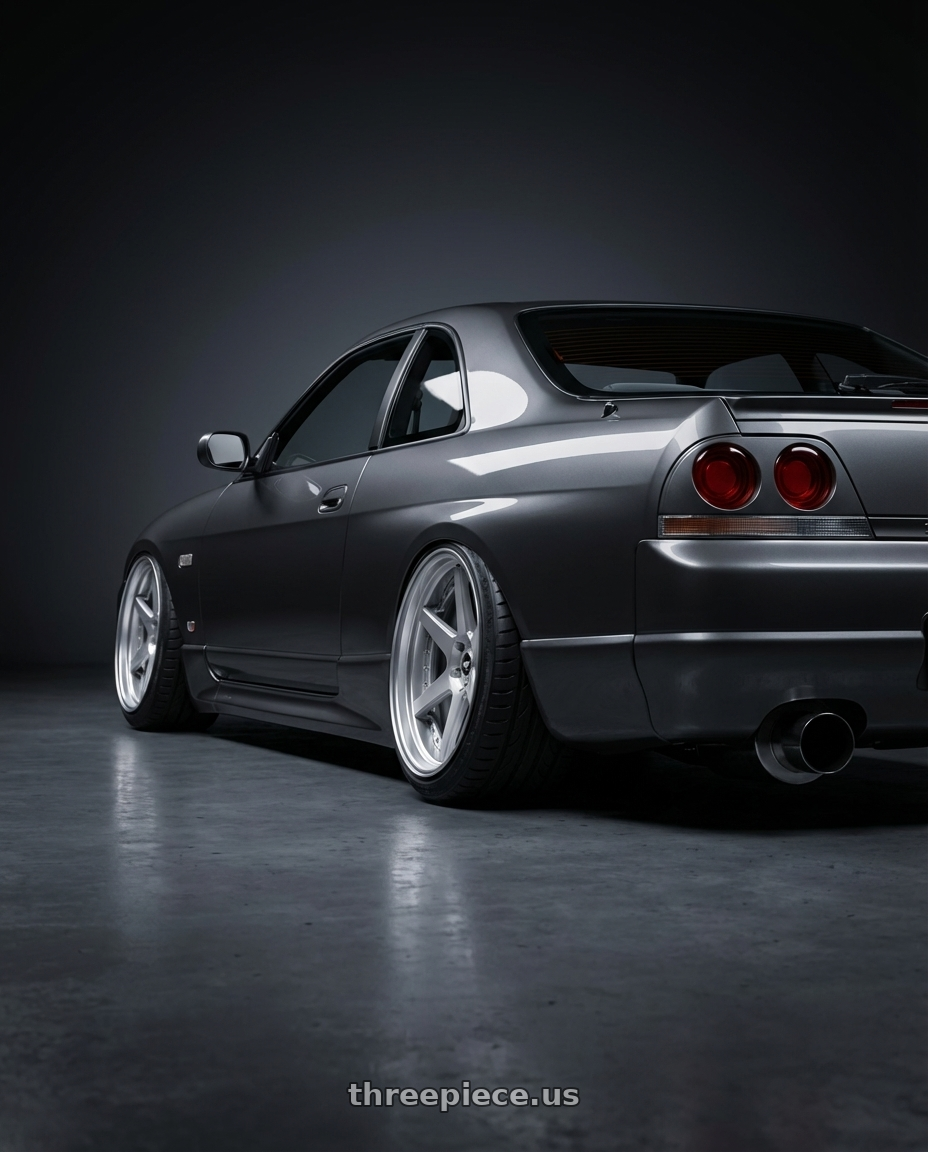 1996 Nissan Skyline R33 GTST with Work Zeast St1 5x100 18x7.5+0 S Disk Brush Silver Clear wheels rear three quarter view extreme stretch tires