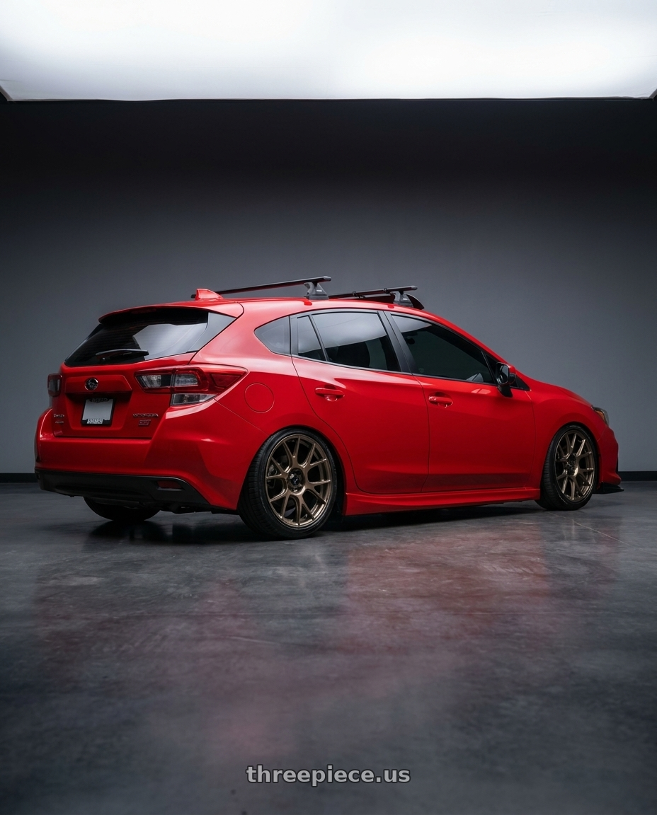 2022 Subaru Impreza Sport  with Konig Ampliform 5x100 18x8.5+44 Gloss Bronze wheels rear three quarter view slight stretch tires