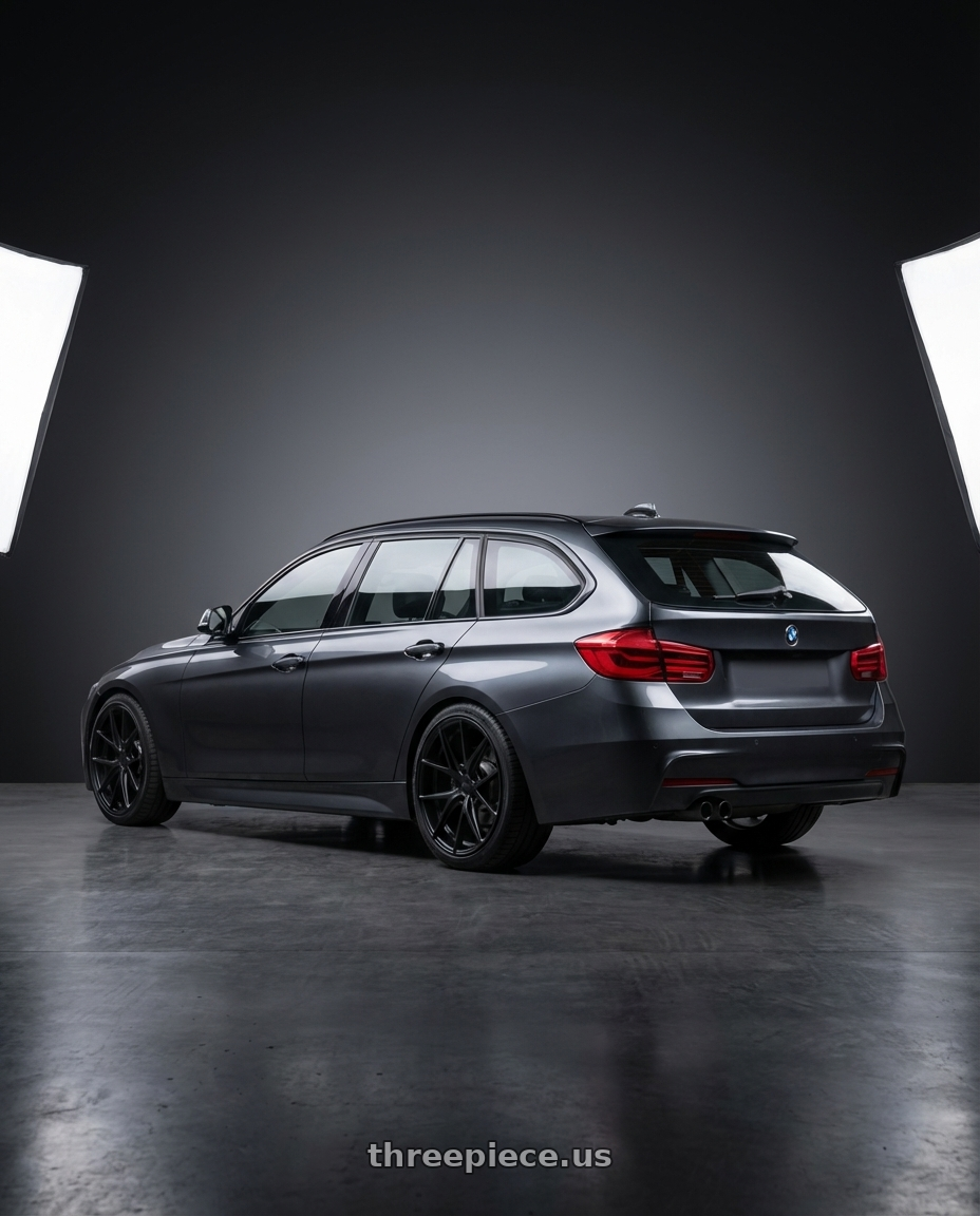 2016 BMW 3 Series F30 with Niche 1PC M117 MISANO 5X120 19X8.5 +35 MATTE BLACK wheels rear three quarter view square tires