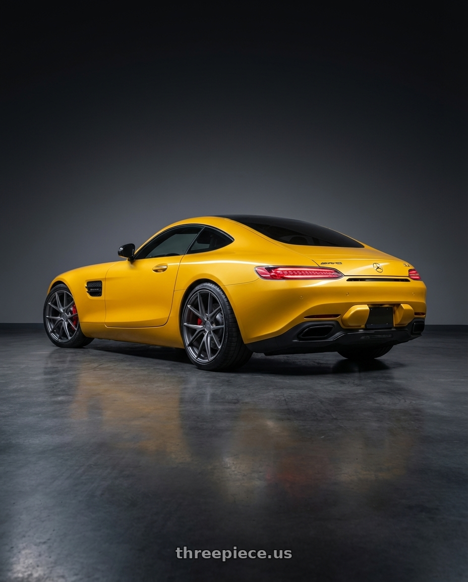 2019 Mercedes-Benz AMG GT with Niche 1PC M116 MISANO 5X112 19X9.5 +35 MATTE GUN METAL wheels rear three quarter view square tires