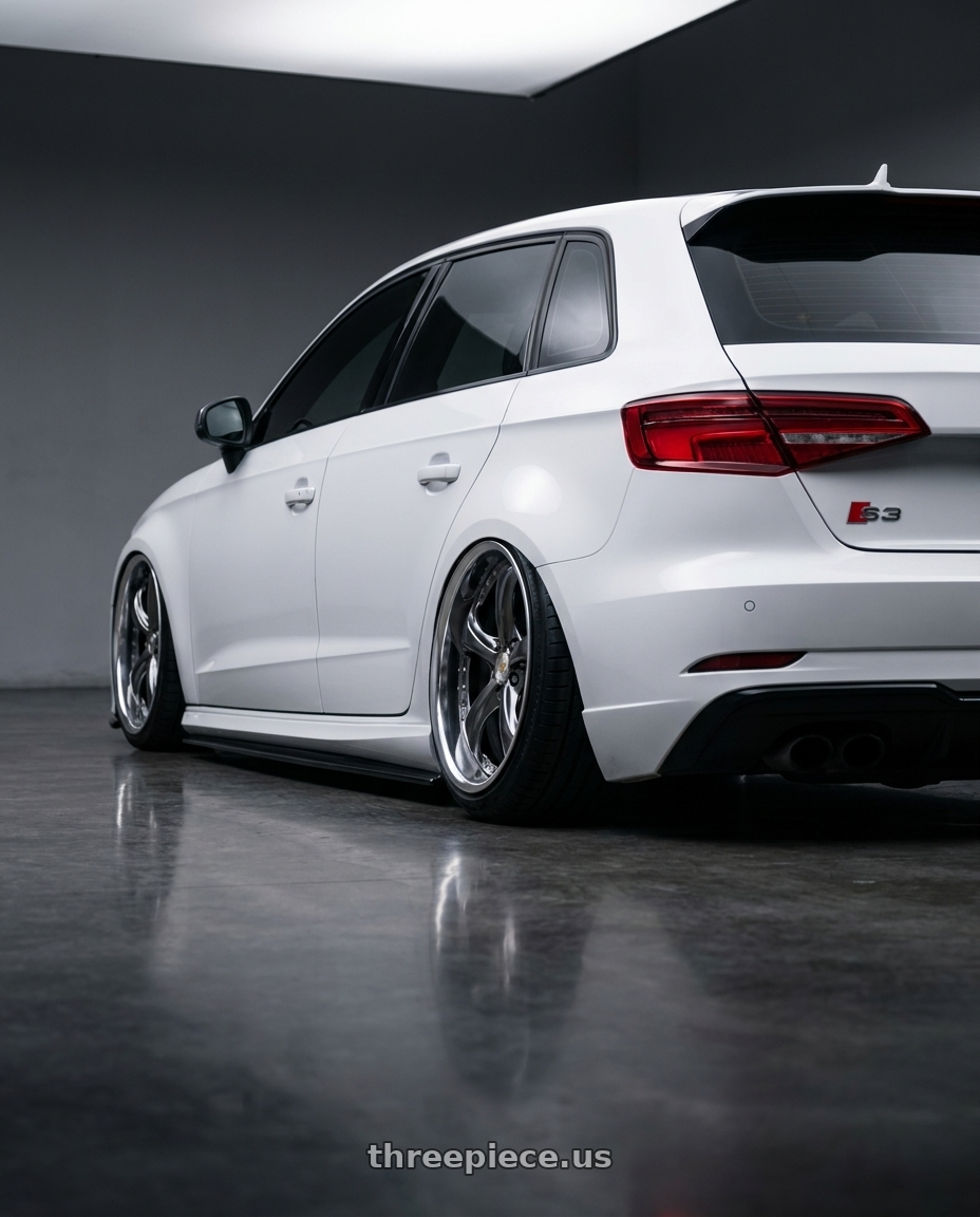 2018 Audi S3 with Work Wheels VS-KF 5X114.3 19x9.5+9 Brilliant Silver Black A Disk FULL REVERSE wheels rear three quarter view square tires