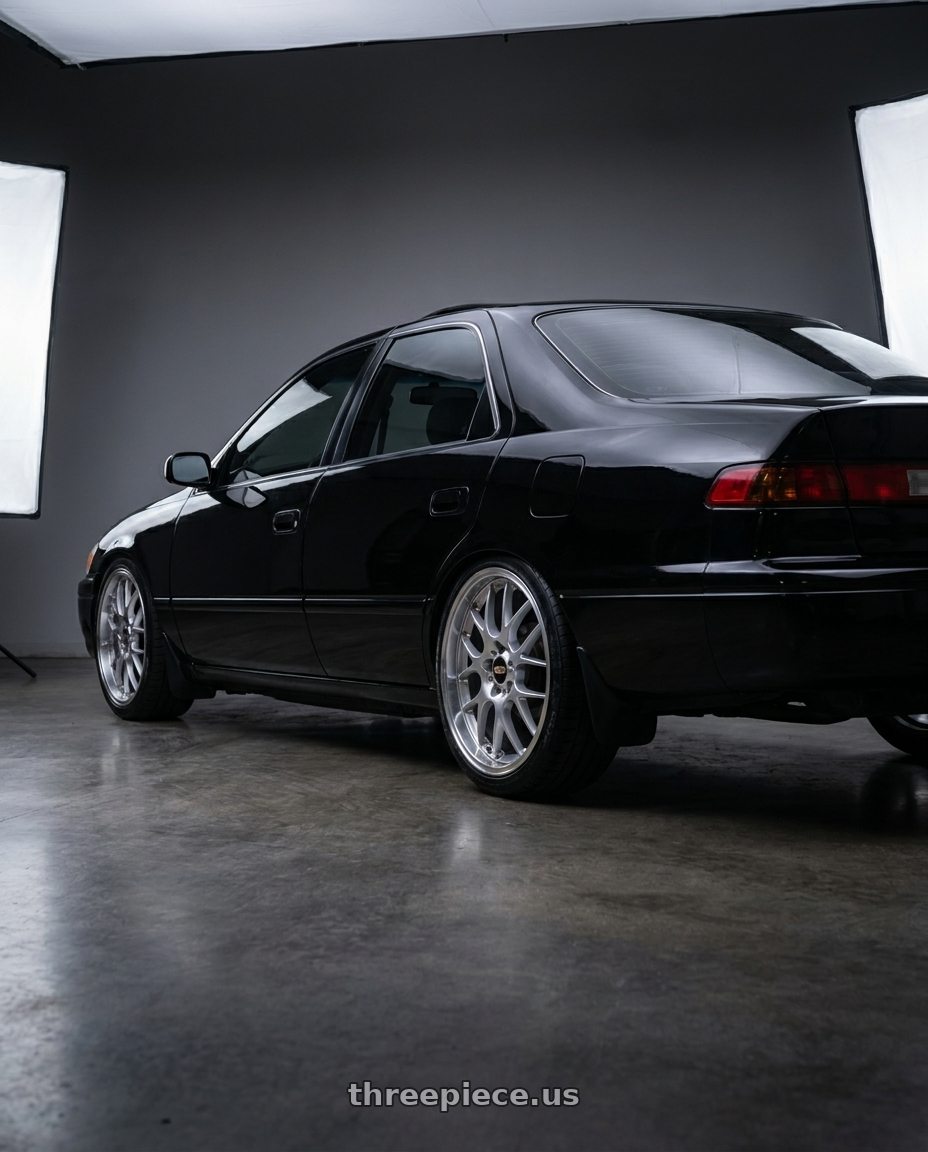 2001 toyota camry xv20 black with BBS RS-GT 5x120 18x8.5+15 Diamond Silver wheels rear three quarter view slight stretch tires