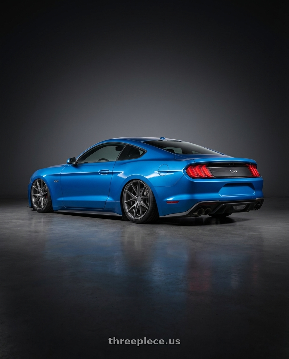 2022 Ford Mustang GT with Niche 1PC M116 MISANO 5X114.3 20X9 +35 MATTE GUN METAL wheels rear three quarter view slight stretch tires