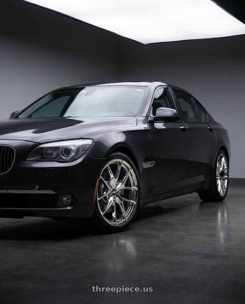 2014 BMW 750i with ESR Wheels RF2 5x120 19x9.5 +22 Chrome wheels front three quarter view stock stance