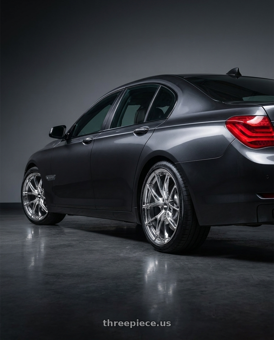2014 BMW 750i with ESR Wheels RF2 5x120 19x9.5 +22 Chrome wheels rear three quarter view square tires
