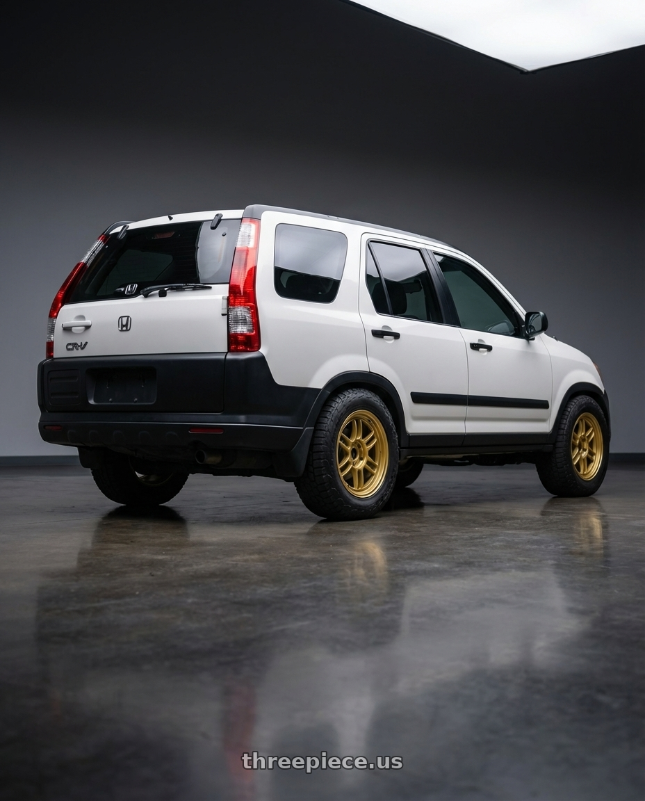 2004 Honda CRV with Enkei RPF1 5x114.3 17x8+45 Gold wheels rear three quarter view meaty tires