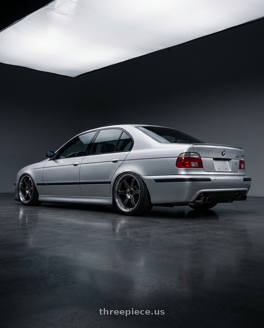 2000 bmw m5 with Volk Racing TE37SL 5x114.3 19x10.5+12 Pressed Double Black wheels rear three quarter view slight stretch tires