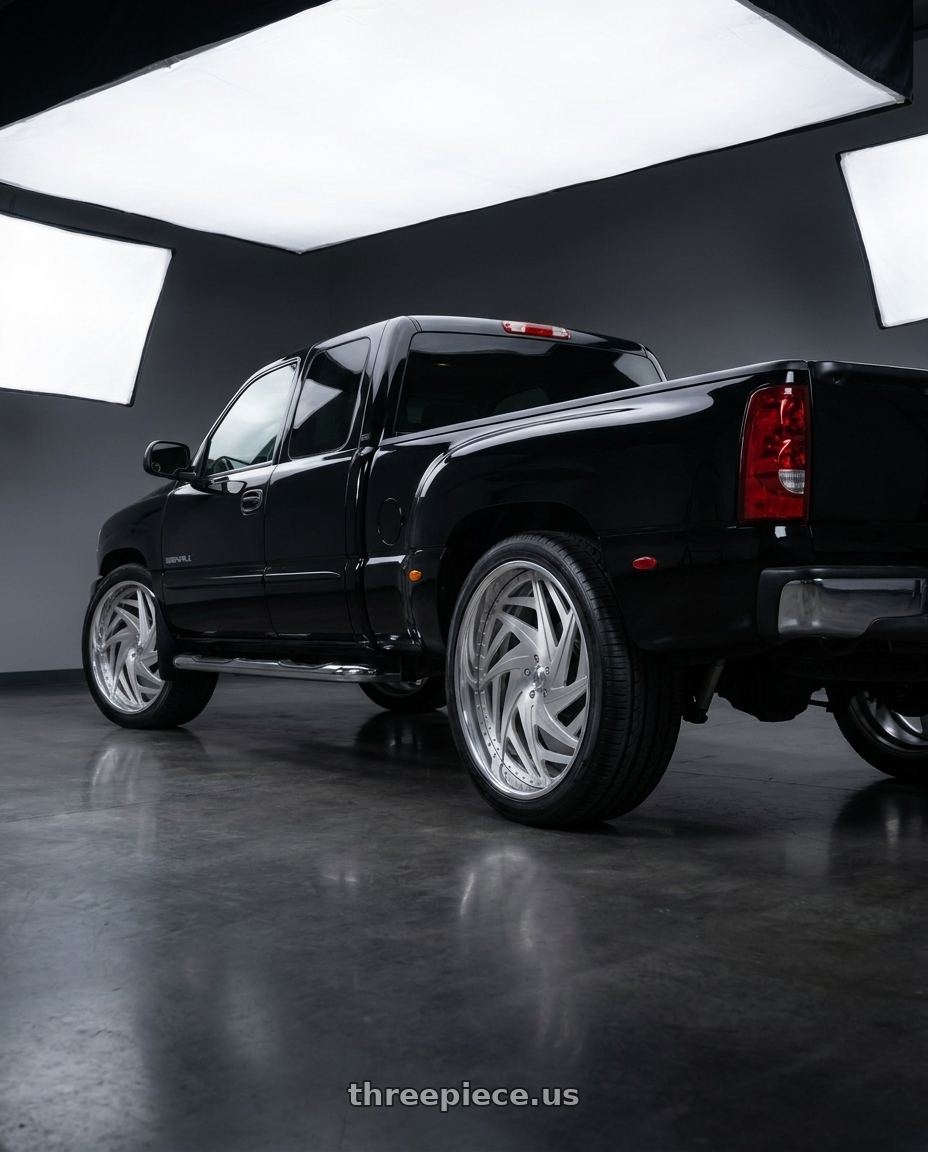 2002 GMC sierra quadrasteer with Asanti Forged 863 5x127 26x10 +3 BRUSHED wheels rear three quarter view square tires