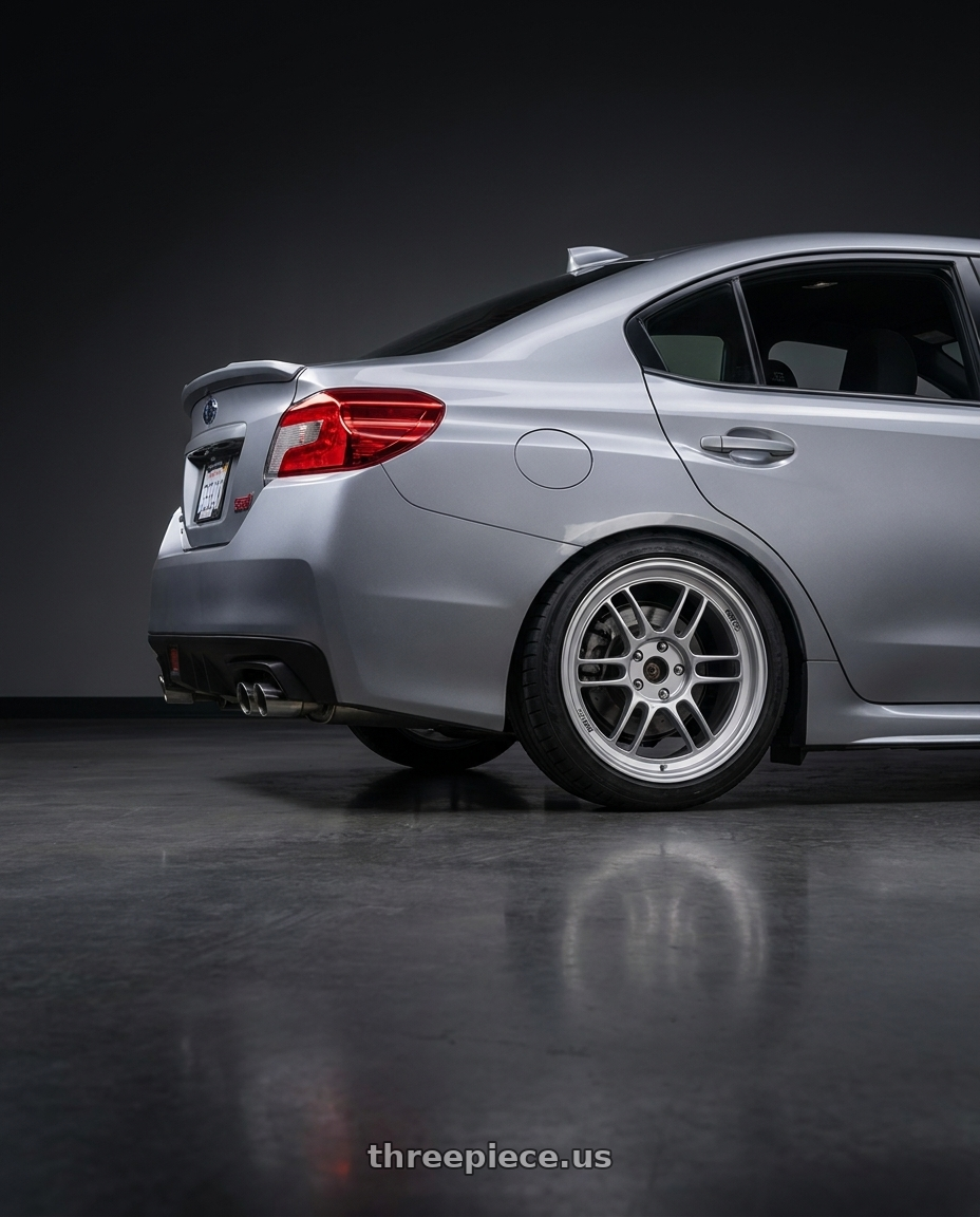 2021 Subaru WRX with Enkei RPF1 5x114.3 18x8.5+40 Silver wheels rear three quarter view square tires