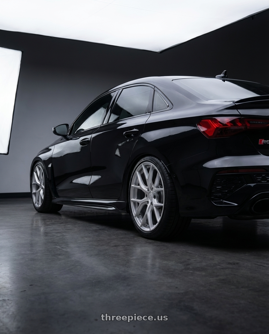 2022 Audi RS3 8Y with Aodhan AFF2 5x112 19x8.5+35 Gloss Silver Machined Face wheels rear three quarter view square tires