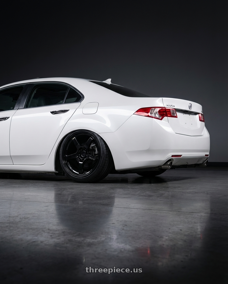 2013 Acura TSX with Gram Lights 57CR 5x114.3 19x9.5+25 Glossy Black wheels rear three quarter view slight stretch tires