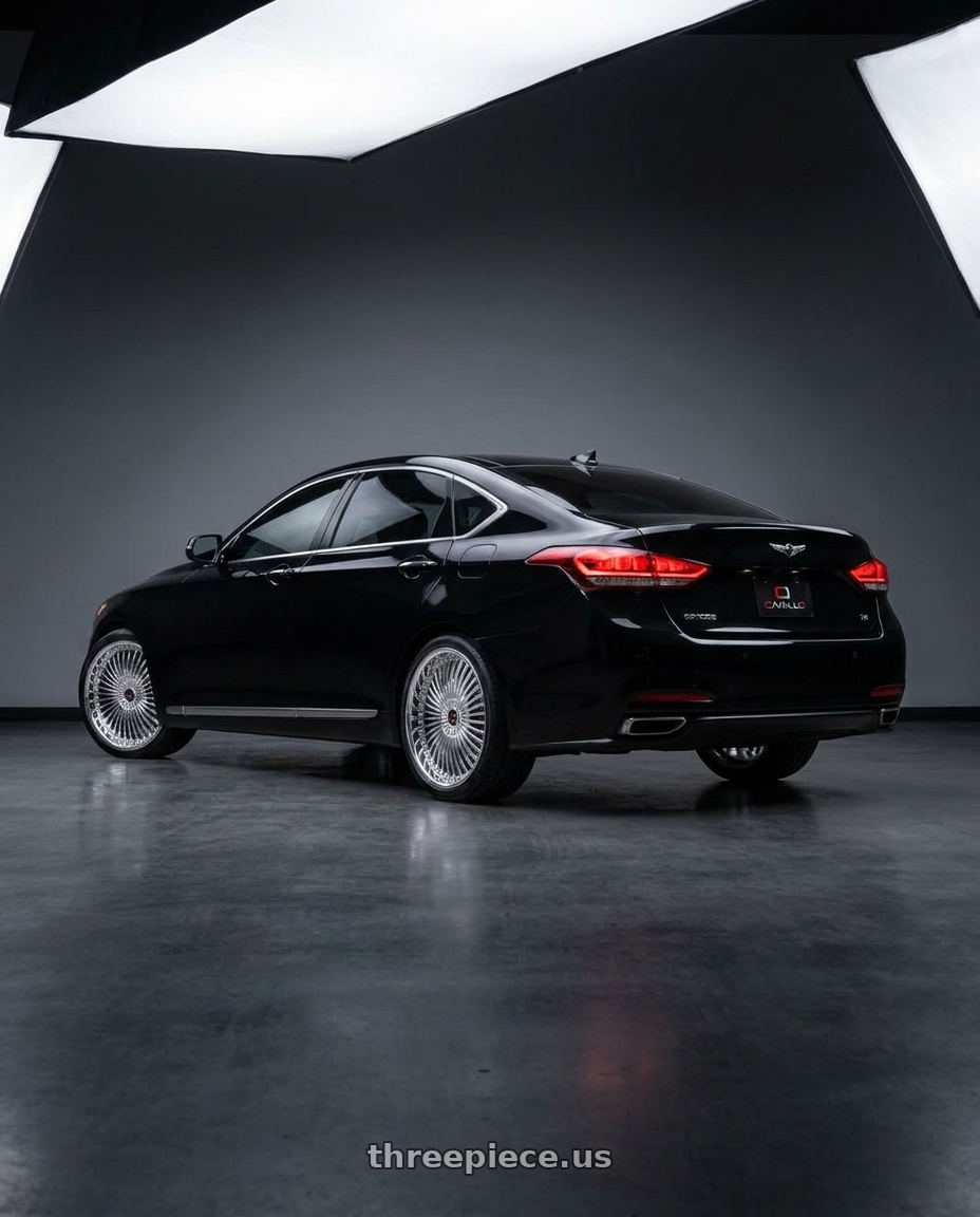2016 hyundai genesis 3 8 with Cavallo CLV-41 5x114.3/5x120 18x8 +35 Nano Chrome wheels rear three quarter view square tires