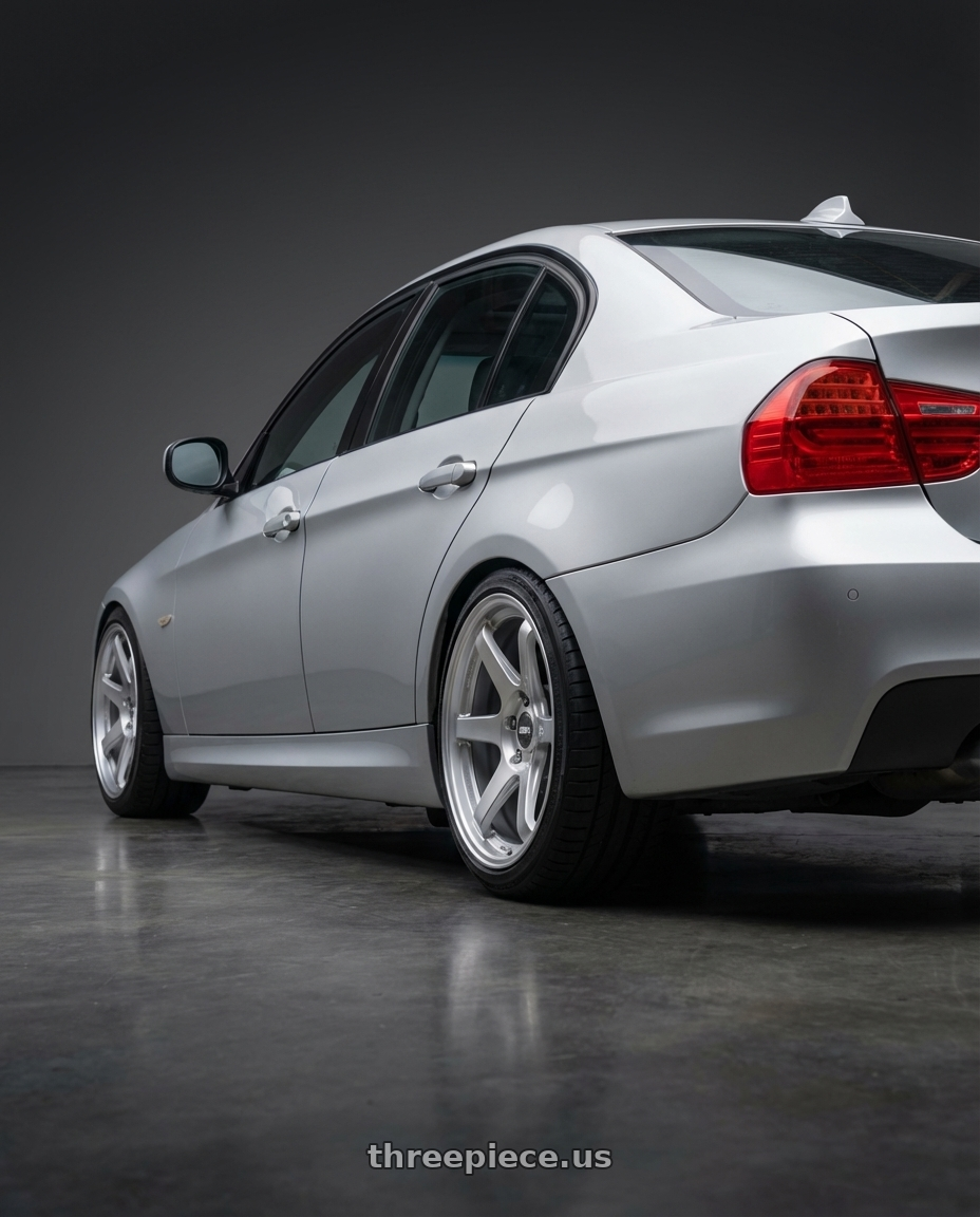 2012 BMW 3 Series E92 with ESR Wheels APEX SERIES AP6 5x120 18x10.5 +22 Hyper Silver wheels rear three quarter view square tires