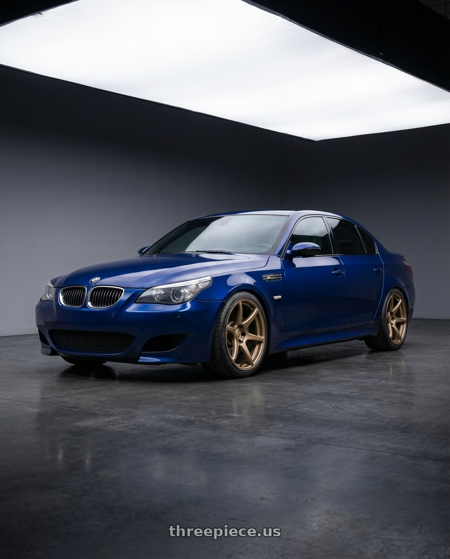 2010 BMW M5 E60 with Kansei K11B Tandem 5X120 19x10.5 22 Bronze wheels front three quarter view lowered stance