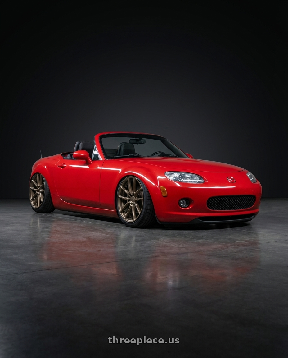 2012 Mazda MX-5 Miata NC with Niche 1PC M222 DFS 5X114.3 17X8 +40 MATTE BRONZE wheels front three quarter view stanced stance