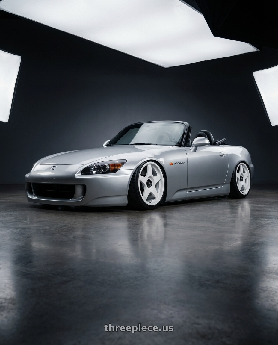 2009 Honda S2000 with fifteen52 CHICANE 5x114.3 / 5x100 18x8.5 +35 RALLY WHITE (GLOSS WHITE) wheels front three quarter view stanced stance