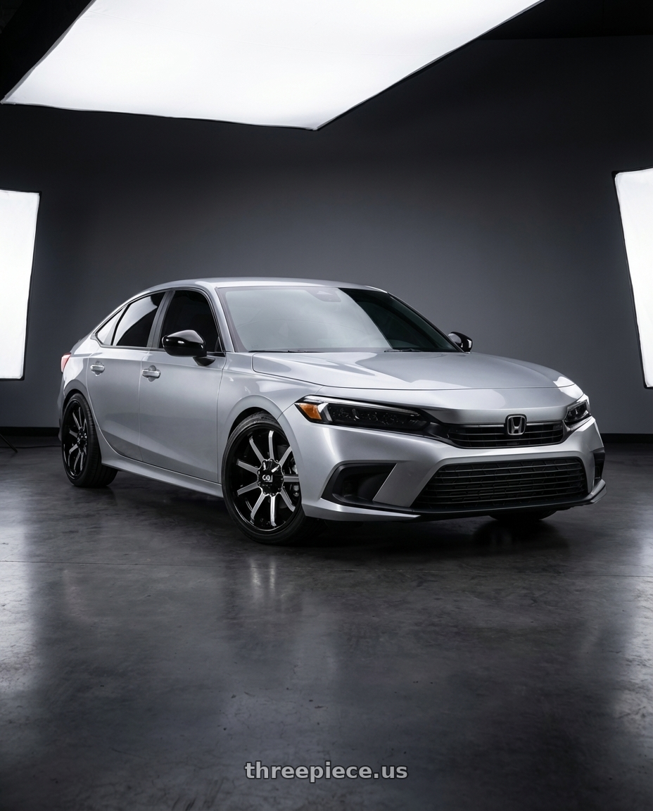 2024 Honda civic sport sedan with Cali Off-Road Busted 9100 8x165.1 22x12-44 Chrome wheels front three quarter view lowered stance