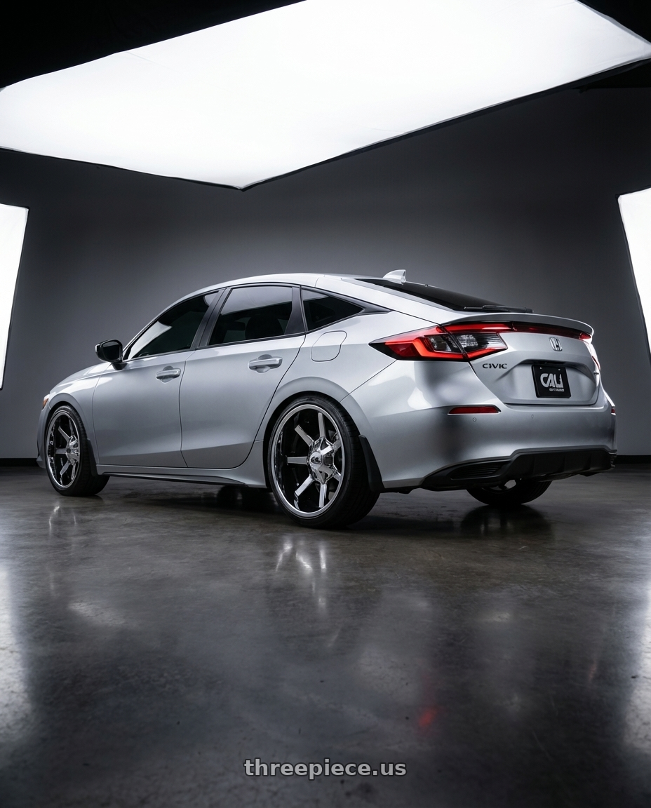 2024 Honda civic sport sedan with Cali Off-Road Busted 9100 8x165.1 22x12-44 Chrome wheels rear three quarter view square tires
