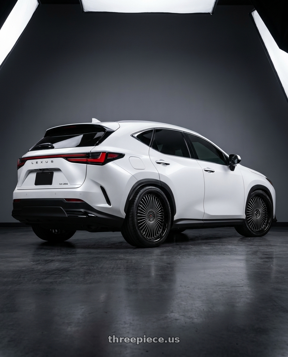 2026 LEXUS NX with Cavallo CLV-41 4x100/4x114.3 18x8 +35 Gloss Black & Machined wheels rear three quarter view slight stretch tires
