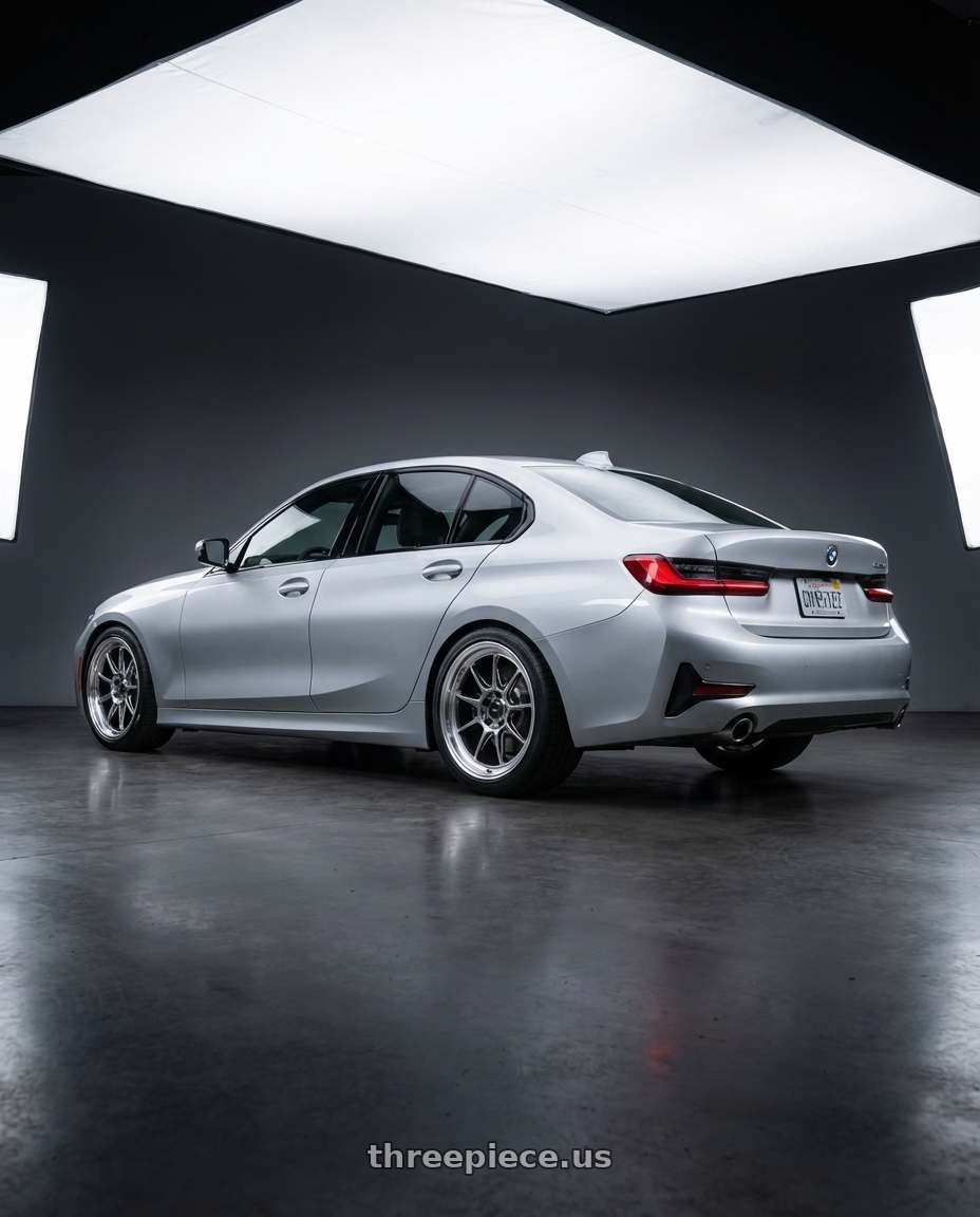 2023 BMW 3 Series G20 with Konig Countergram 5x112 19x11+40 Hyper Chrome / Machined Lip wheels rear three quarter view square tires