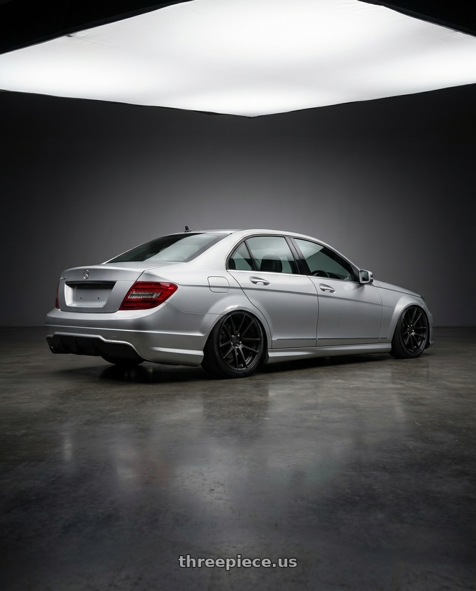 2011 Benz C200 with Rotiform 1PC R122 SPF 5X114.3 19X8.5 +38 MATTE BLACK wheels rear three quarter view slight stretch tires