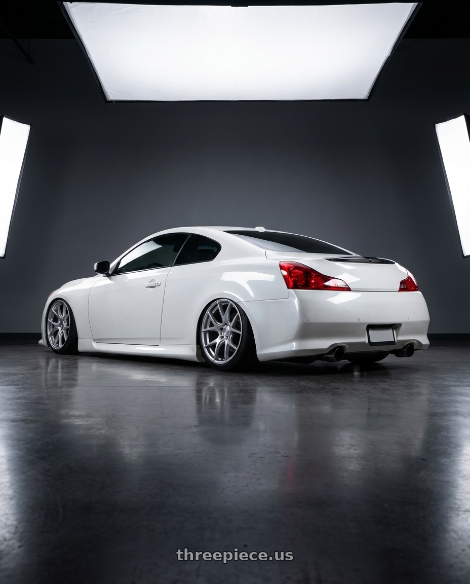 2014 Infiniti G37 Coupe with Ssr Gtv03 5x114.3 19x8.5+38  GLARE SILVER wheels rear three quarter view slight stretch tires