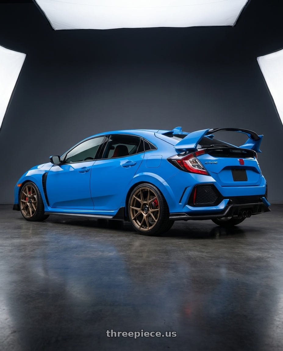2020 Honda Civic Type R with Konig Ampliform 5x120 19x10+28 Gloss Bronze wheels rear three quarter view square tires