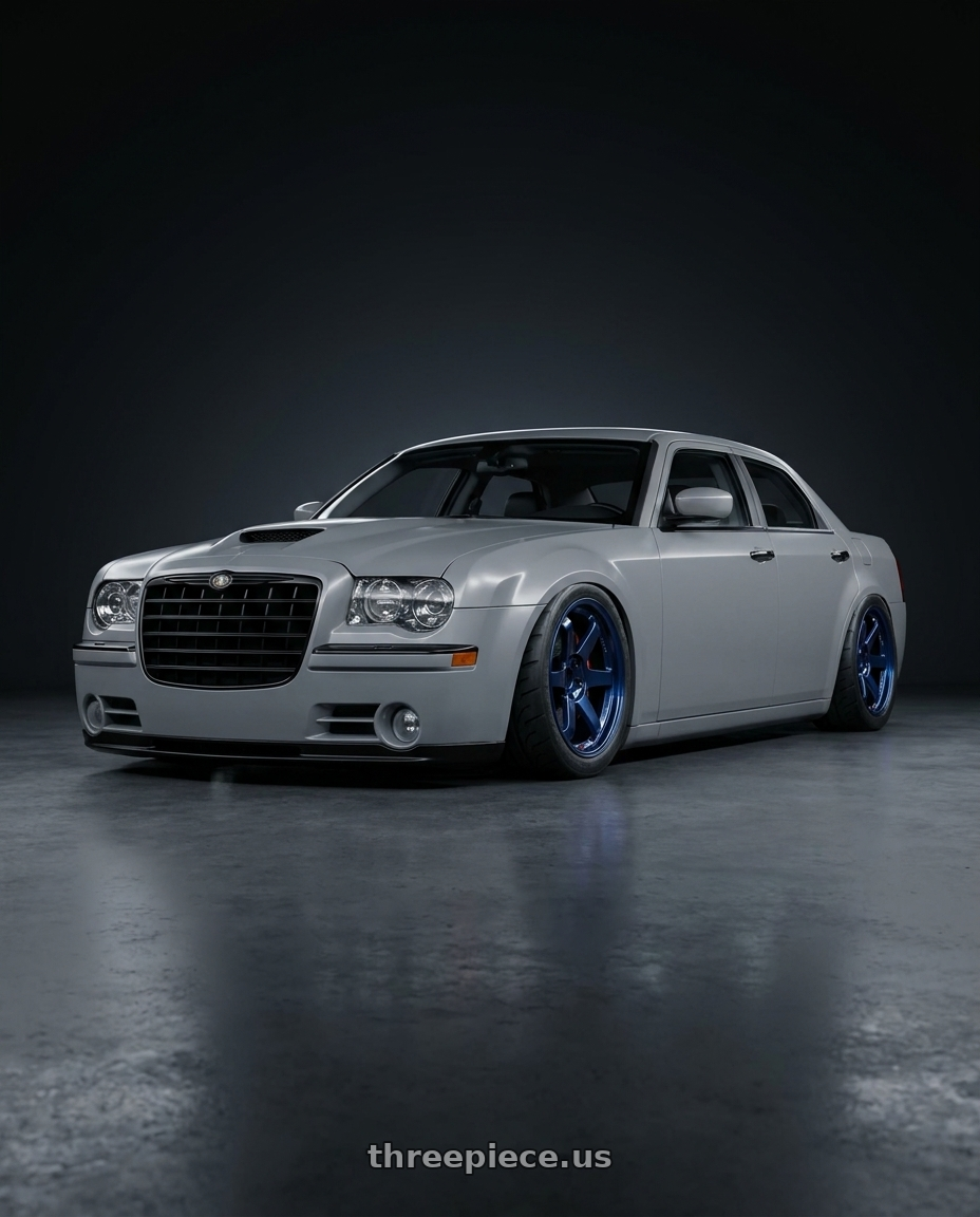 2007 Chrysler 300 srt8 nardo grey black trim black grill hellcat hood with Volk Racing TE37SL 5x114.3 19x9.5 +22 MAG BLUE wheels