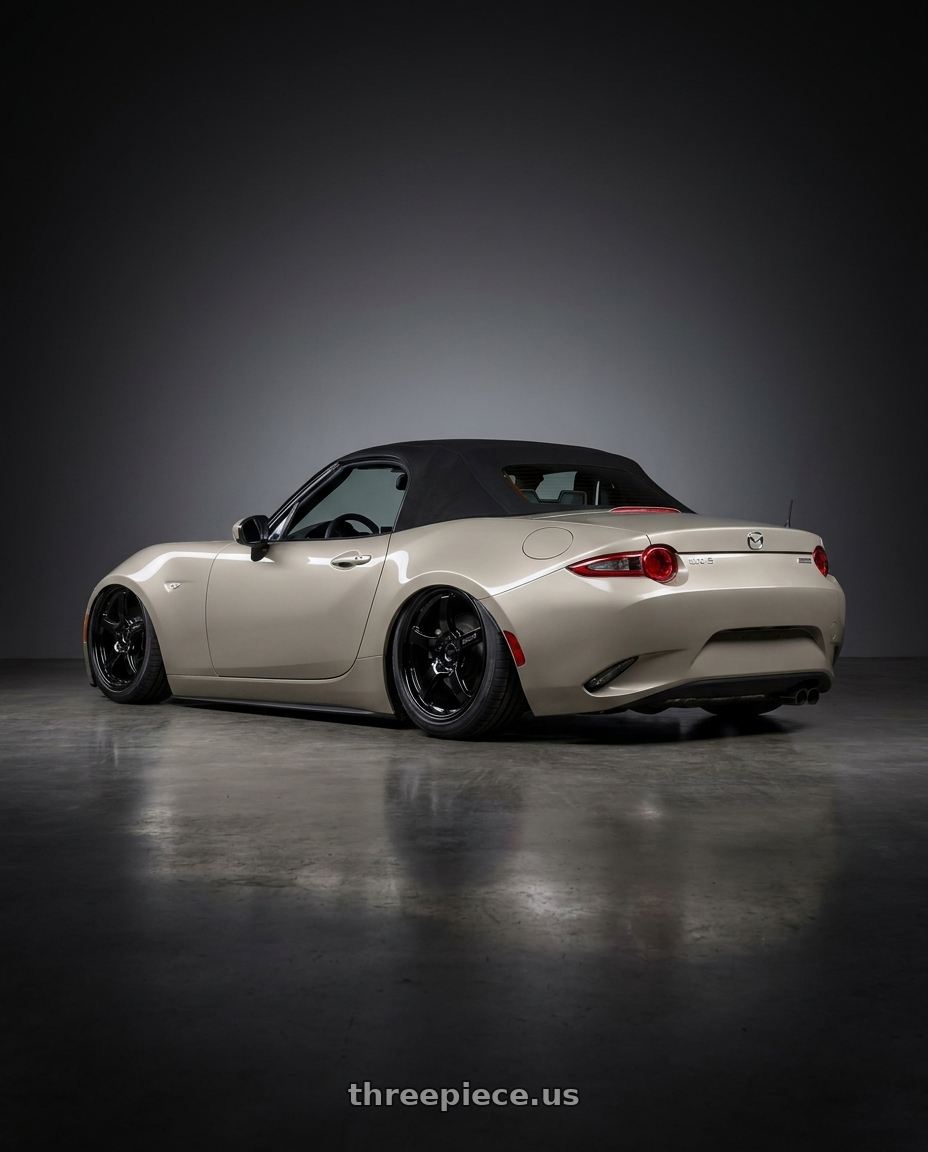 2021 Mazda MX-5 Miata ND with Gram Lights 57CR 5x114.3 17x9+22 Glossy Black wheels rear three quarter view slight stretch tires