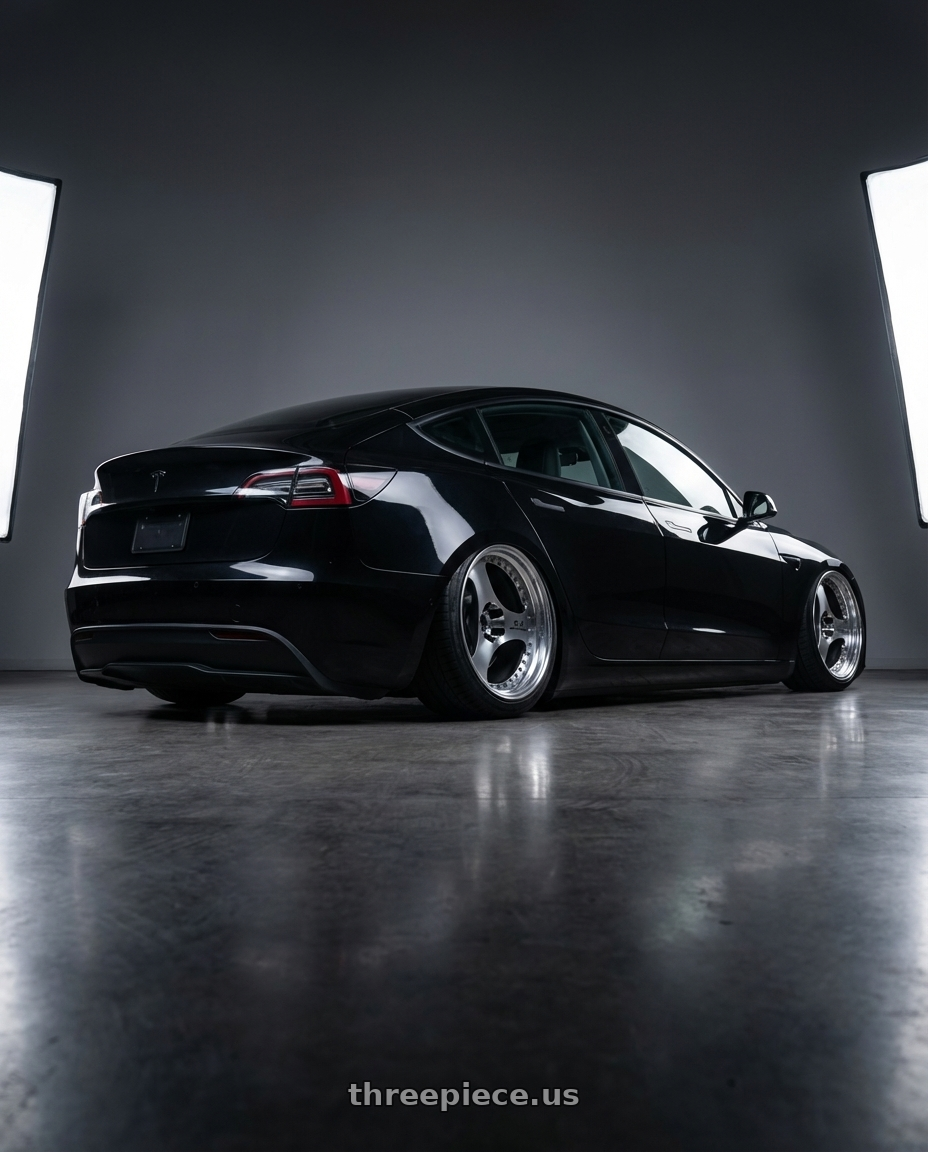 2026 Tesla Model 3 Diamond Black Metallic with Advan Racing ONI2 PROGRESSIVE 5x112 20x9.5 +25 MACHINING & DIAMOND CUT wheels rear three quarter view slight stretch tires