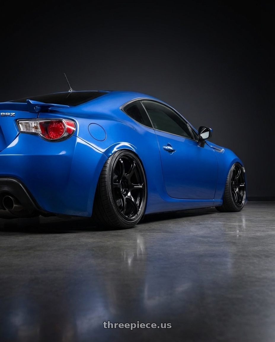 2017 Subaru BRZ with Advan RGIII 5x100 18x9.5+45 Gloss Black wheels rear three quarter view slight stretch tires
