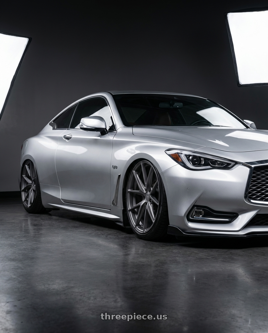 2020 Infiniti Q60 with Niche 1PC M116 MISANO 5X114.3 20X9 +25 MATTE GUN METAL wheels front three quarter view stanced stance