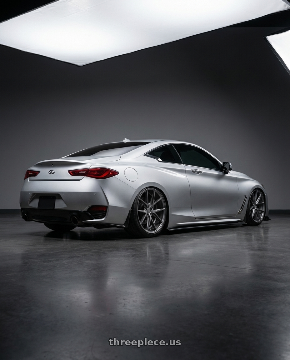 2020 Infiniti Q60 with Niche 1PC M116 MISANO 5X114.3 20X9 +25 MATTE GUN METAL wheels rear three quarter view slight stretch tires