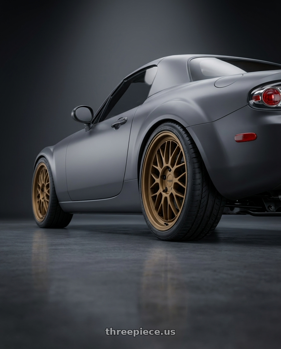 2007 Mazda Miata Mx5 with KATANA RACING KR06 5x114.3 18x8 +40 Matte Bronze wheels rear three quarter view square tires
