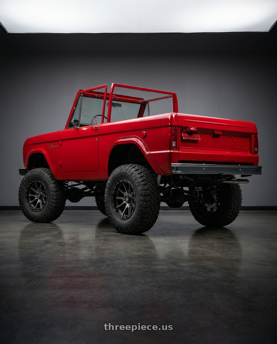 1972 Ford bronco with KMC KM100 SYNC 5X127/5X139.7 20X9 +0 SATIN BLACK WITH GRAY TINT wheels rear three quarter view meaty tires